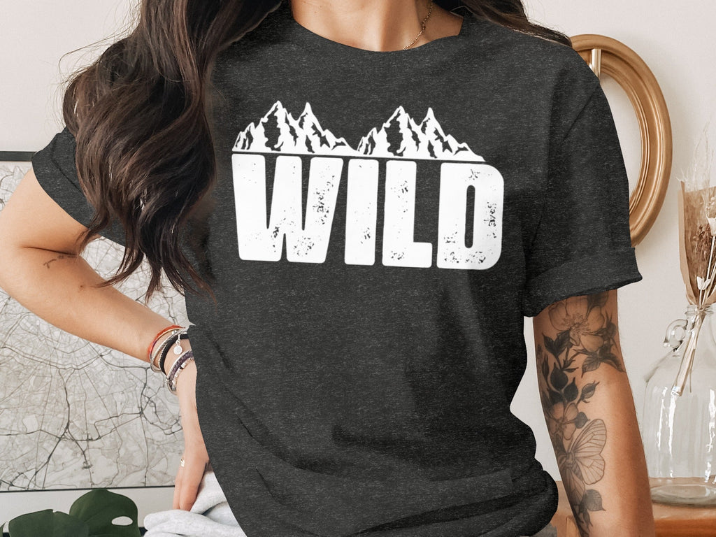 White Wild Text with Mountains Graphic Design T-Shirt