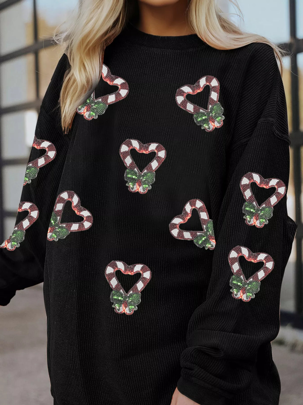 Sequin Christmas Candy Cane Heart Graphic Drop Shoulder Ribbed Sweatshirt