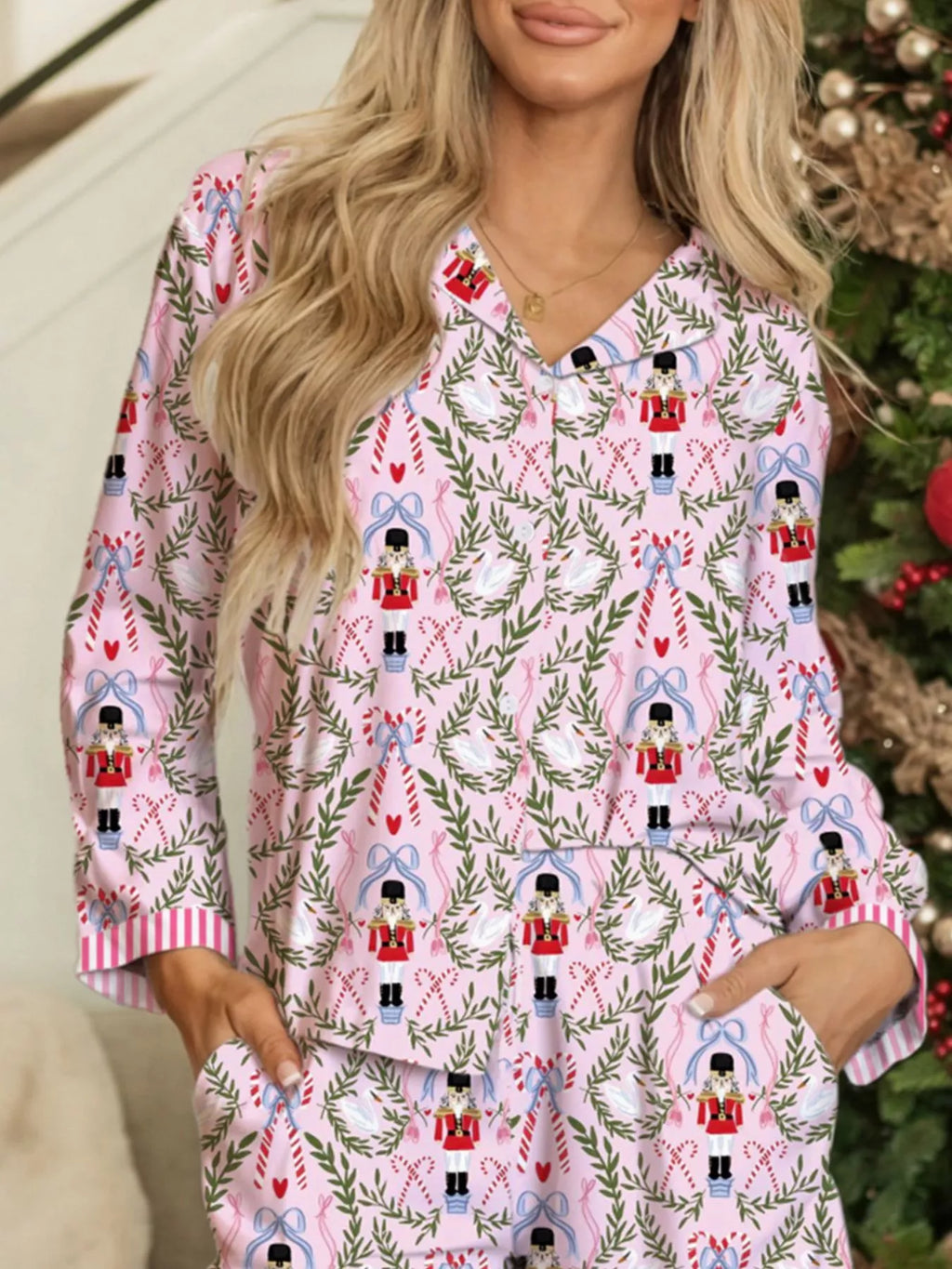 Christmas Holiday Print Nutcracker Long Sleeve Shorts 2pcs Pajama Set