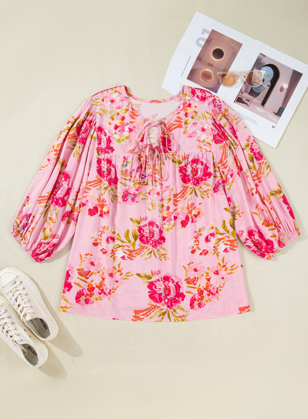 Plus Size Floral Tie V-Neck Puff Sleeve Top