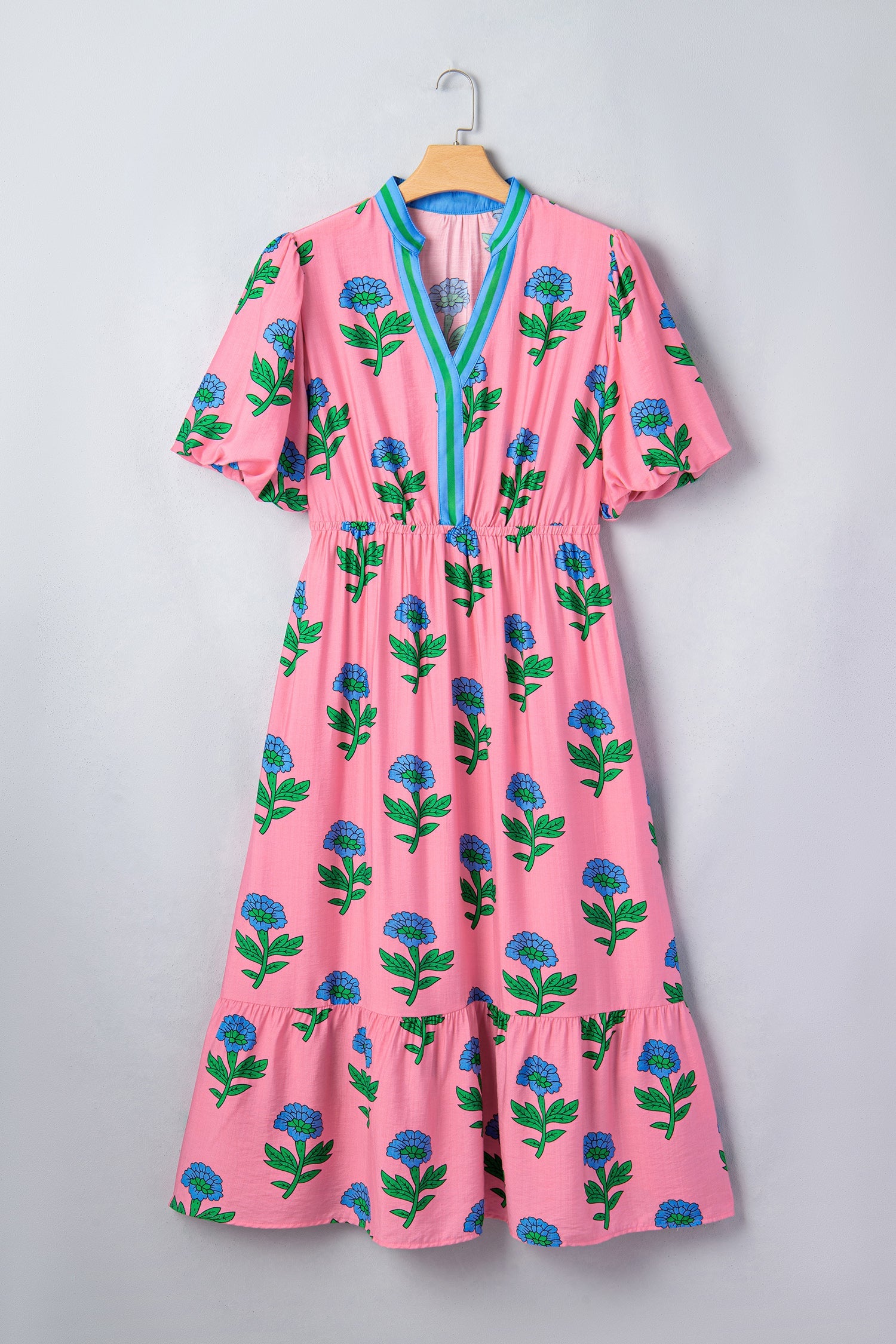 Plus Size Floral Stripe V-Neck Ruffle Maxi Dress