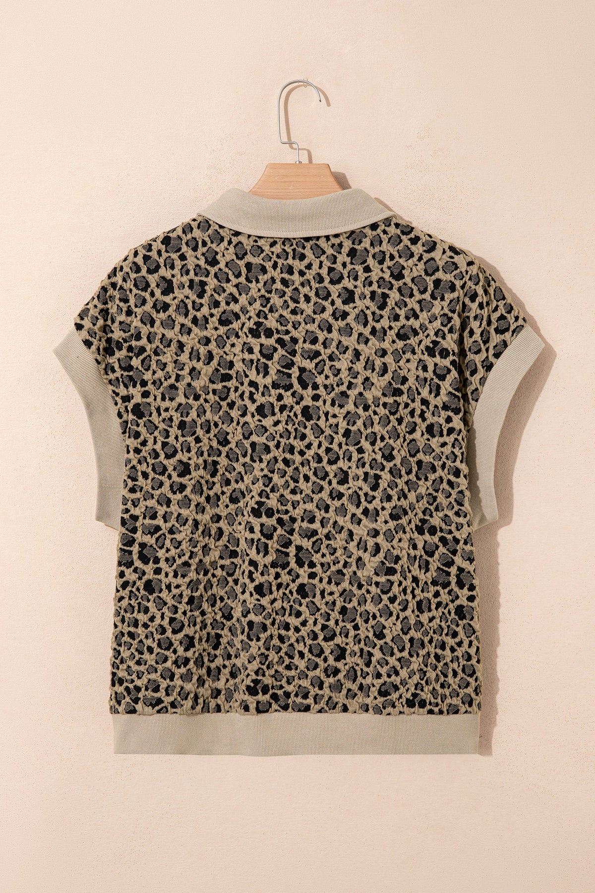 Plus Size Leopard Patchwork Ribbed Zip Up Collar Top