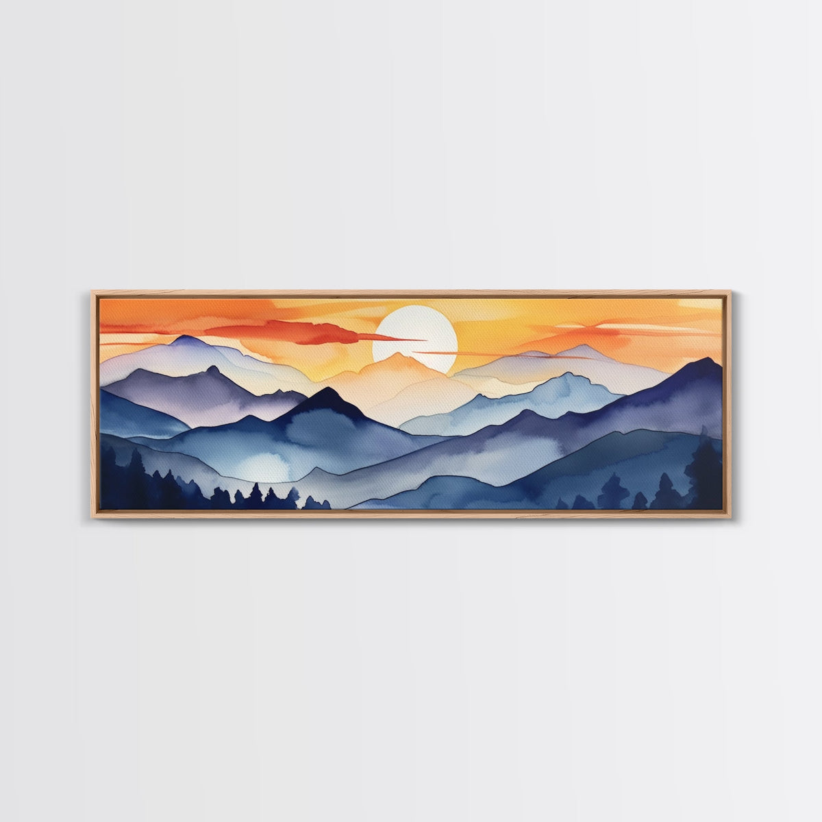 Midcentury Modern Watercolor Painting of a Mountain Sunset, Large Canvas Print, Mountain Artwork, Guest Room Art, Mountain Print, Panoramic