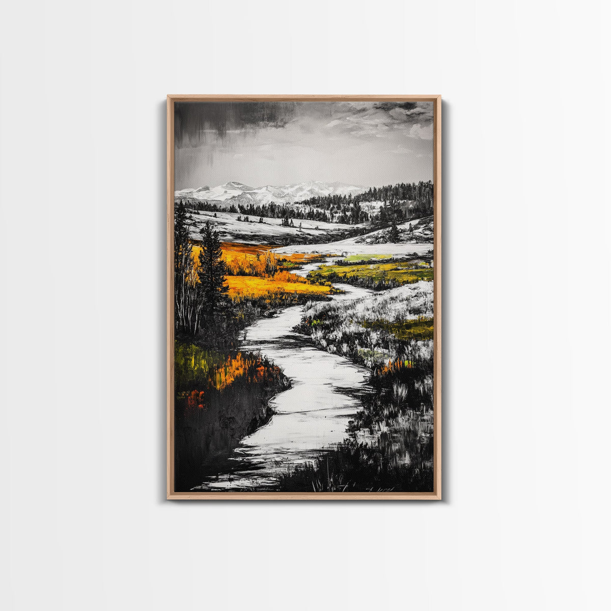 Autumn River, Fall Landscape, Black White Orange, Framed Canvas Print, Nature Wall Art, Cabin Decor, Rustic Home Painting