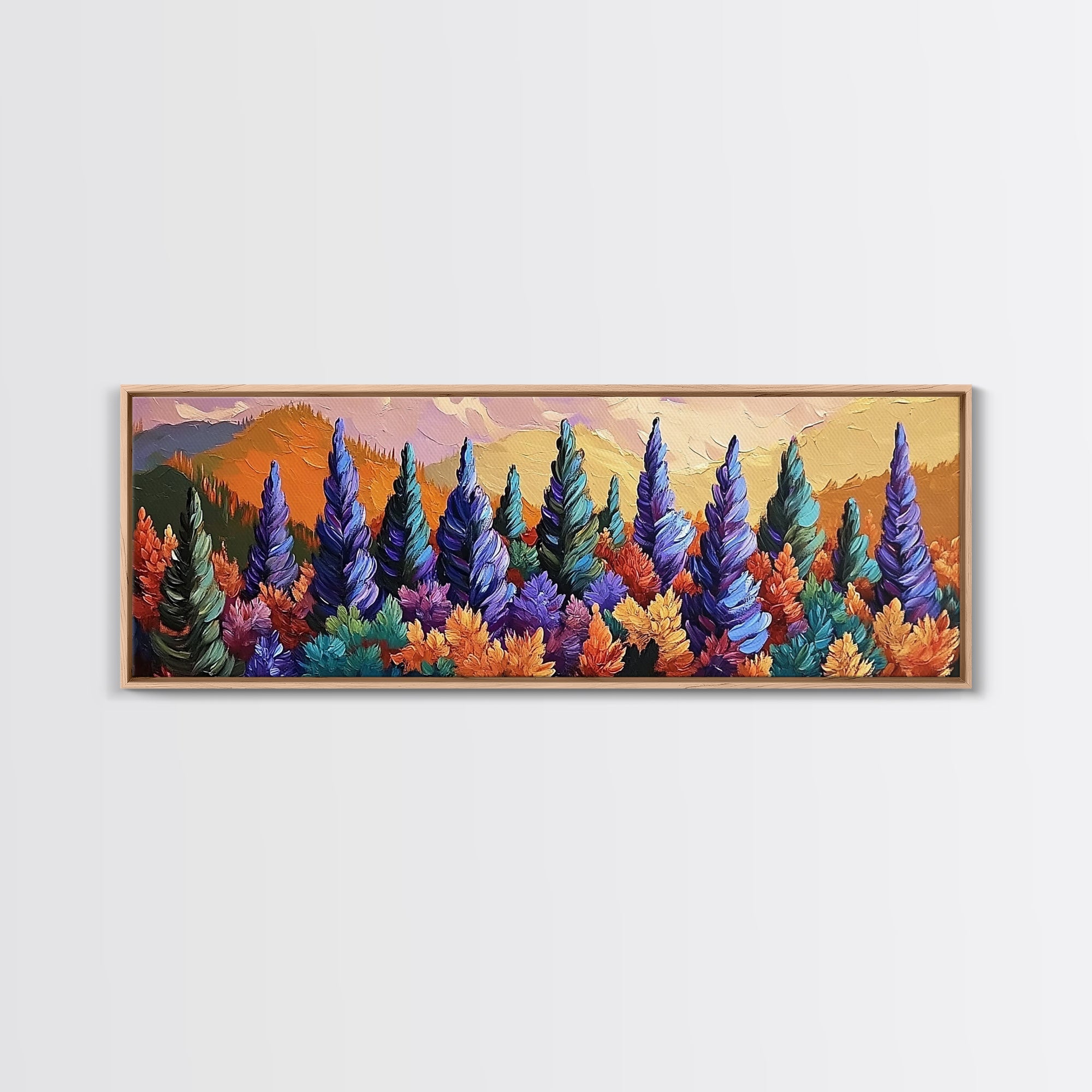 Fall Forest Trees, Colorful Nature Landscape, Mountain Sunset Pines, Framed Canvas Print, Autumn Living Room Art, Cabin Wall Decor