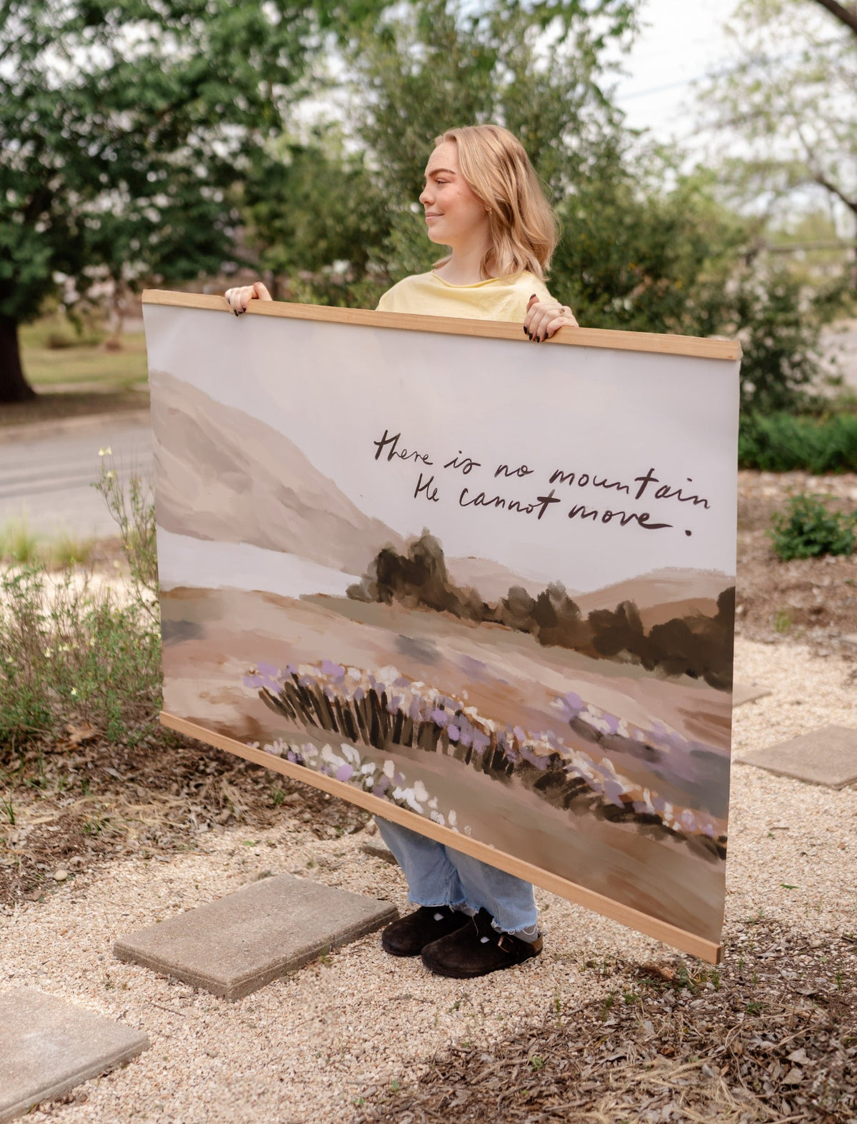Large Canvas with Banner Wood: There is no mountain He cannot move