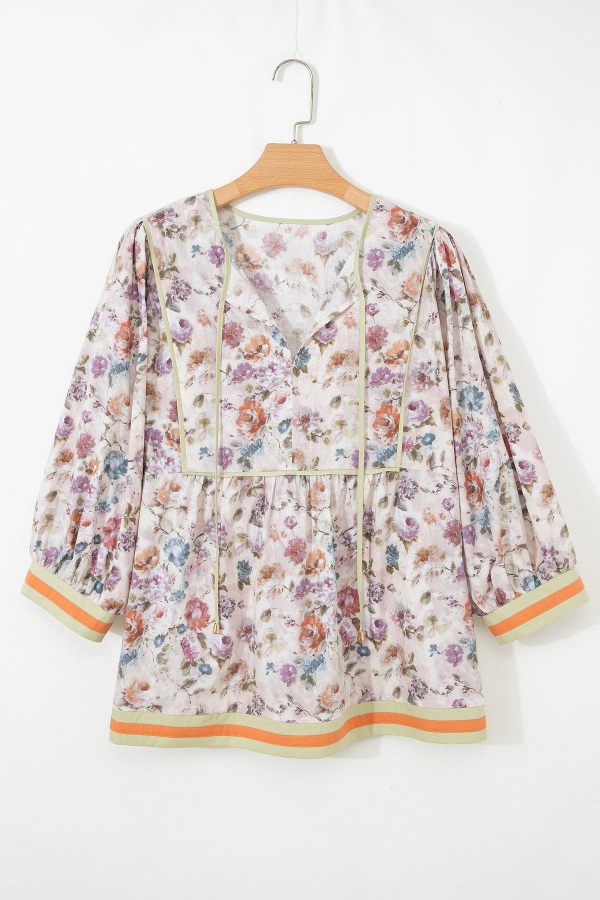 Plus Size Floral Stripe Contrast Trim Babydoll Blouse