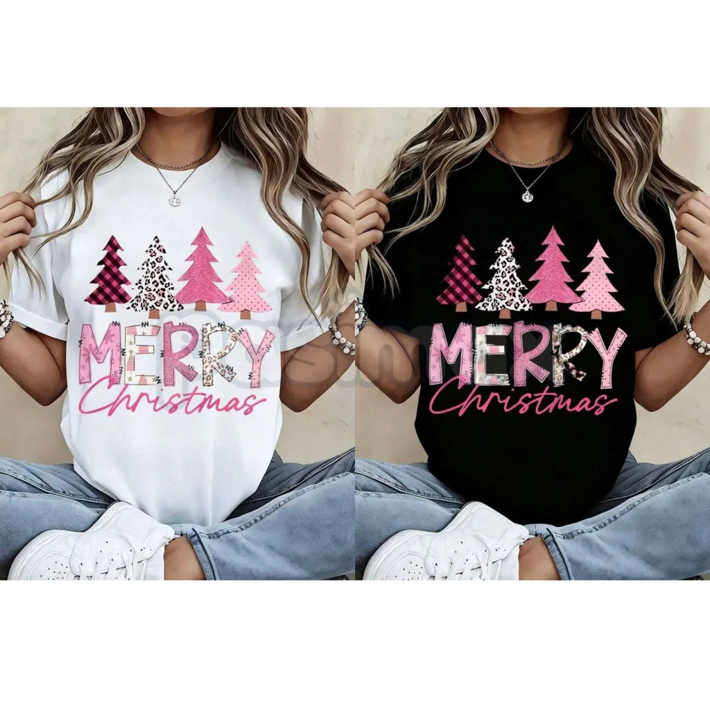 Leopard Print Pink Plaid Christmas Trees T-Shirt - Glam Holiday Statement Tee, Maximalist Festive Fashion for Women, Edgy Seasonal Graphic