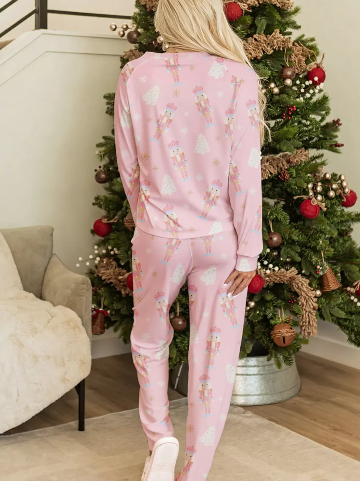 Christmas Tree Nutcracker Print Top and Pants 2pcs Lounge Set