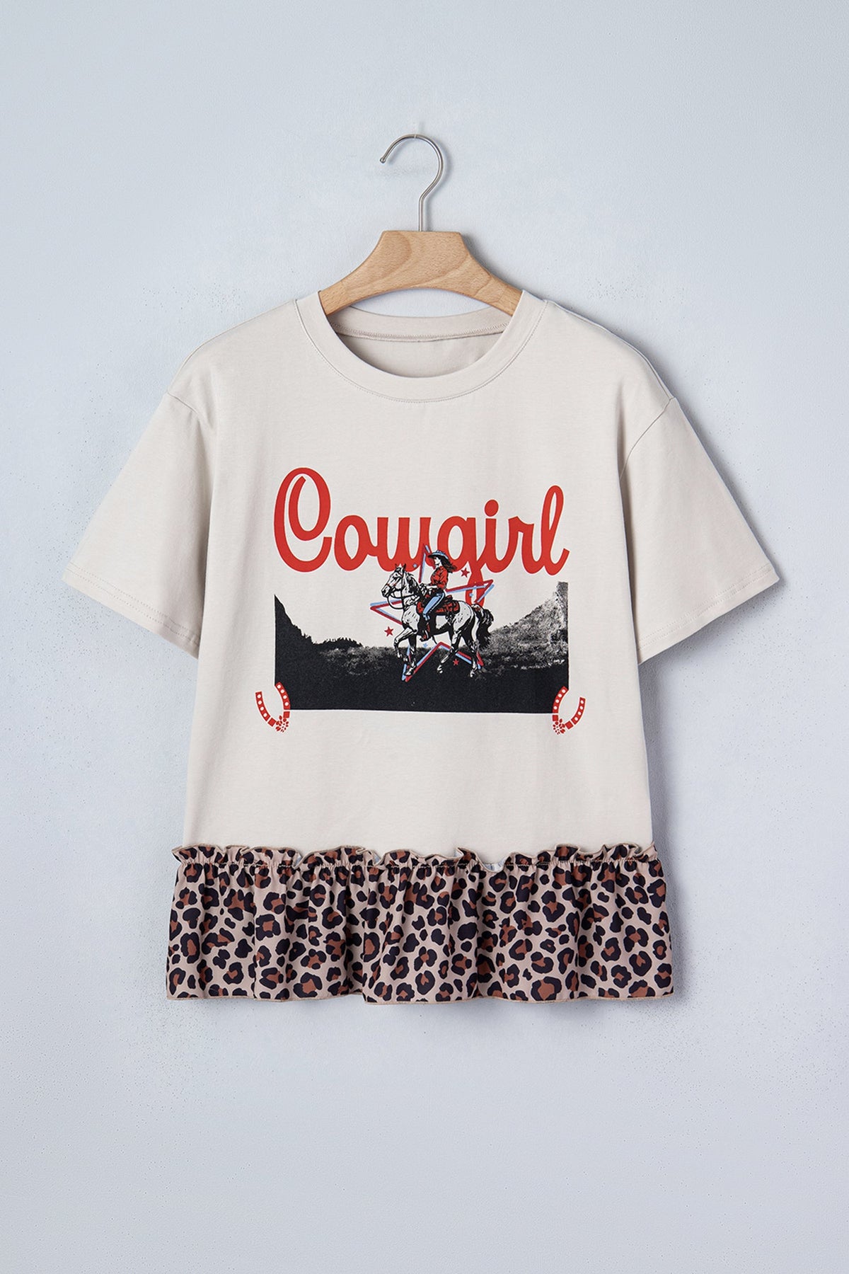 Western Cowgirl Leopard Patchwork Ruffle Hem T-Shirt