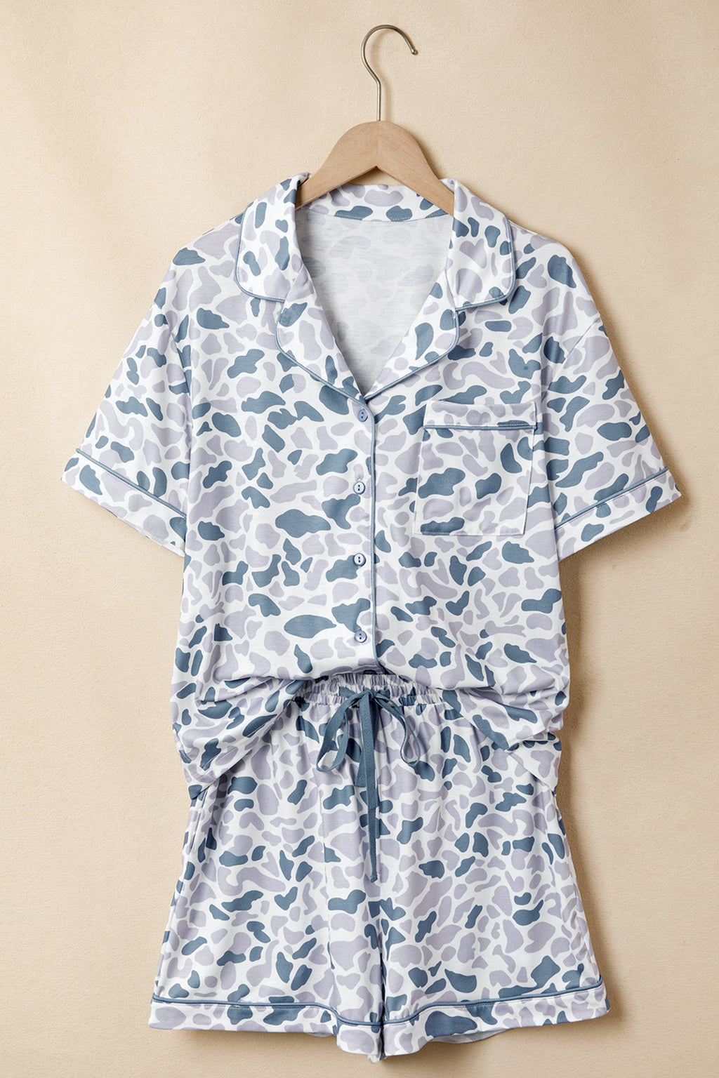 Camo Lapel Shirt & Drawstring Shorts Pajama Set
