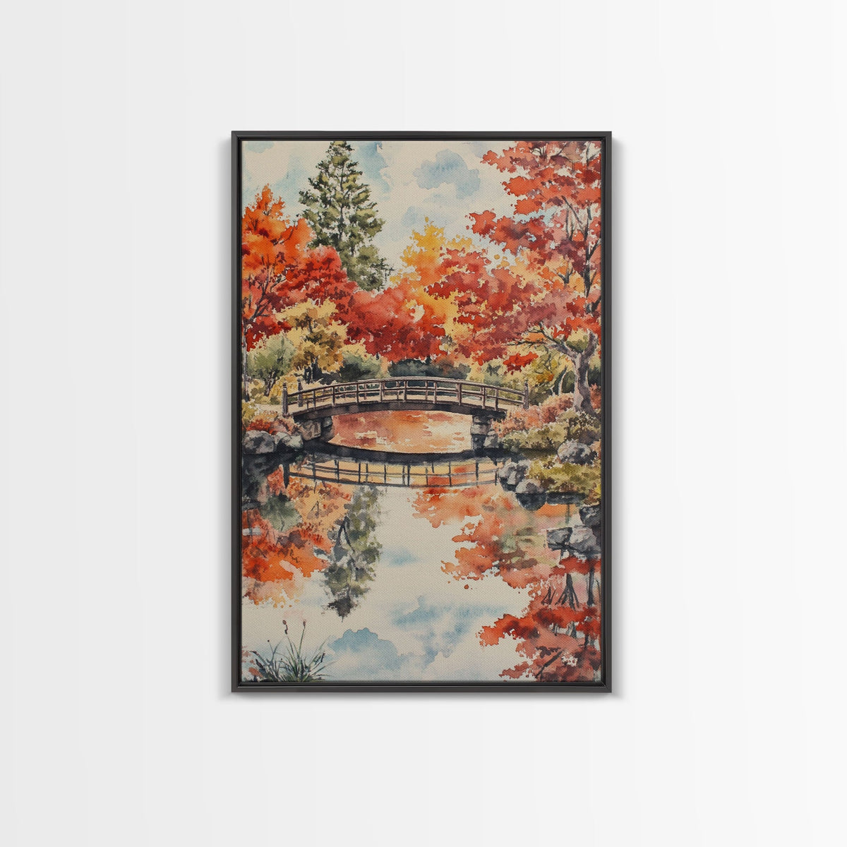 The Fall Bridge, Framed Canvas Print, Autumn Decor, Holiday / Seasonal Wall Art Gift For Her, Moody Landscape