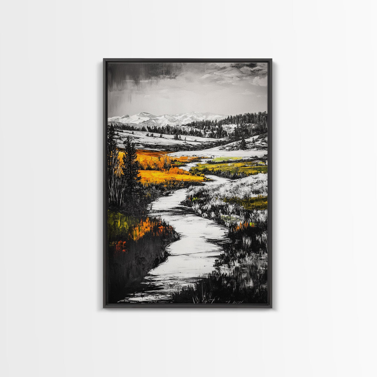 Autumn River, Fall Landscape, Black White Orange, Framed Canvas Print, Nature Wall Art, Cabin Decor, Rustic Home Painting
