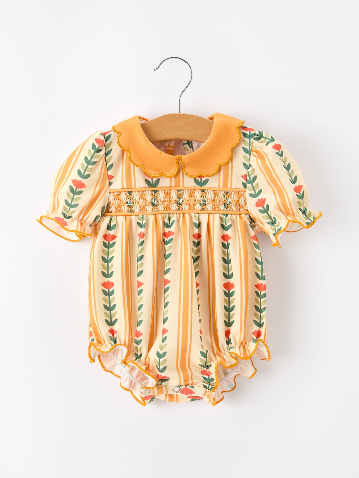 Fall Floral Stripe Baby Girls Romper Petals Collar Smocked