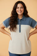 Plus Size Denim Patchwork Half Buttoned Collar Top