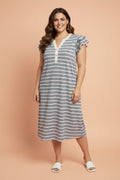Plus Size Stripe Ruffle Sleeve Button V-Neck Dress