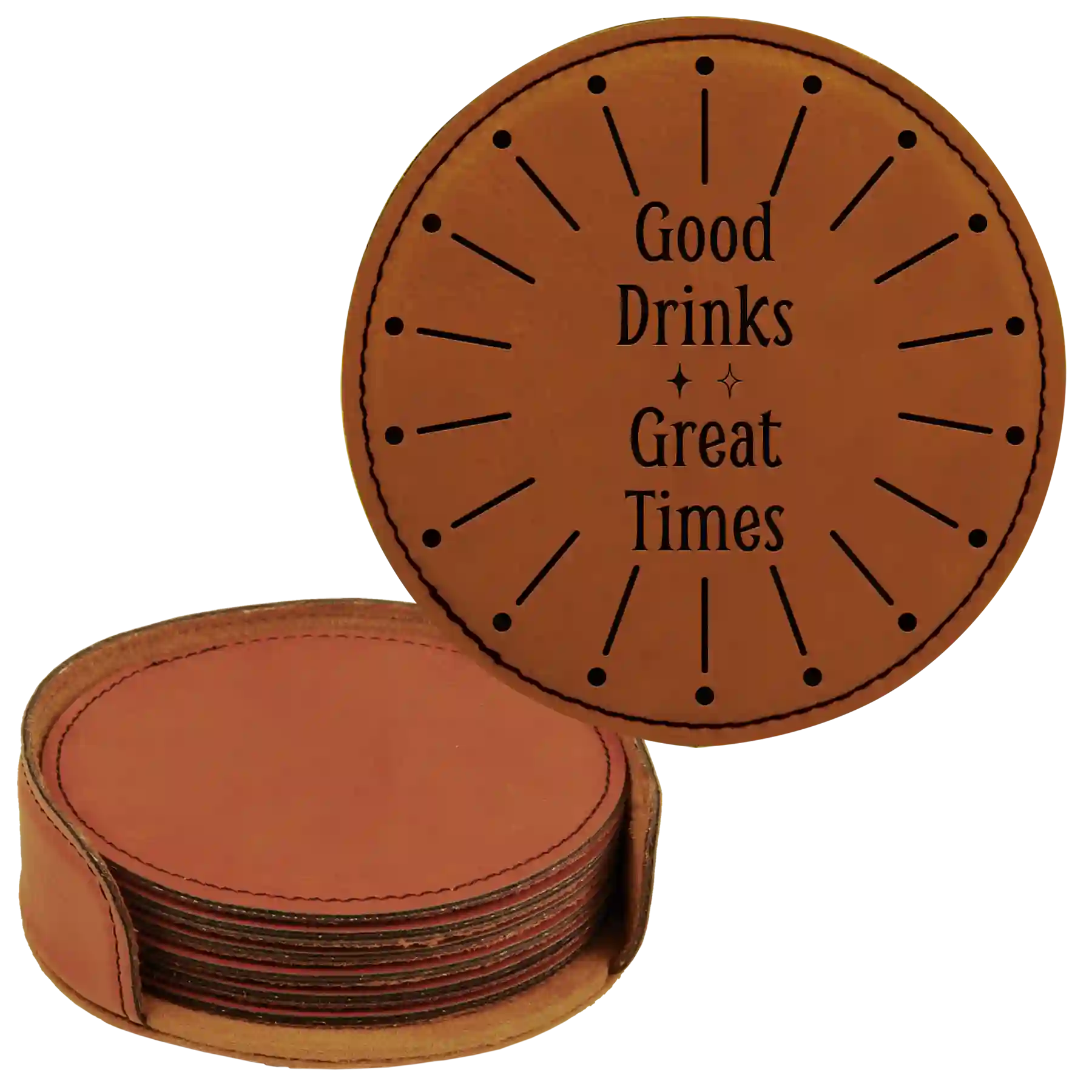 Good Drinks Great Times Round Leatherette Coasters Set of 6 | Rawhide