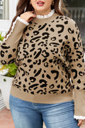 Plus Size Leopard Knit Lacy Trim Long Sleeve Sweater