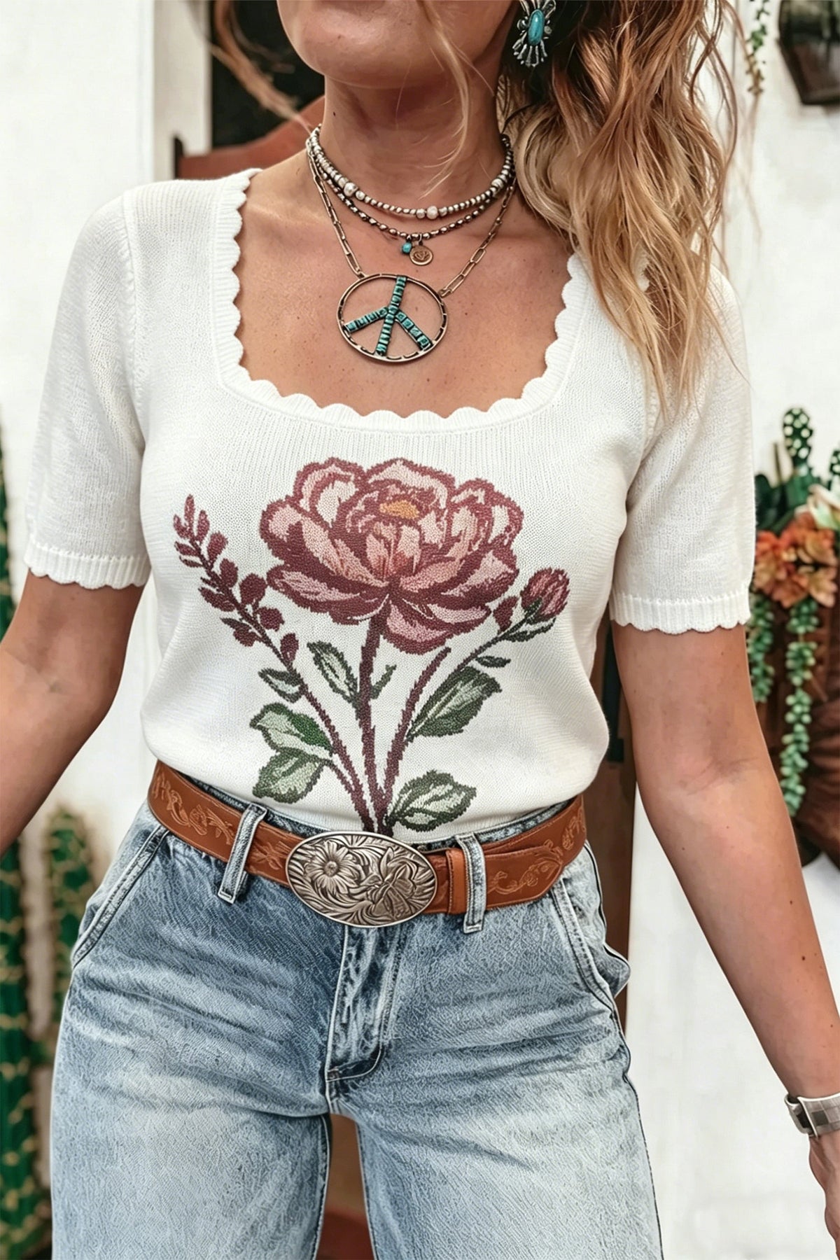 Western Floral Scalloped Square Neck Knit Top