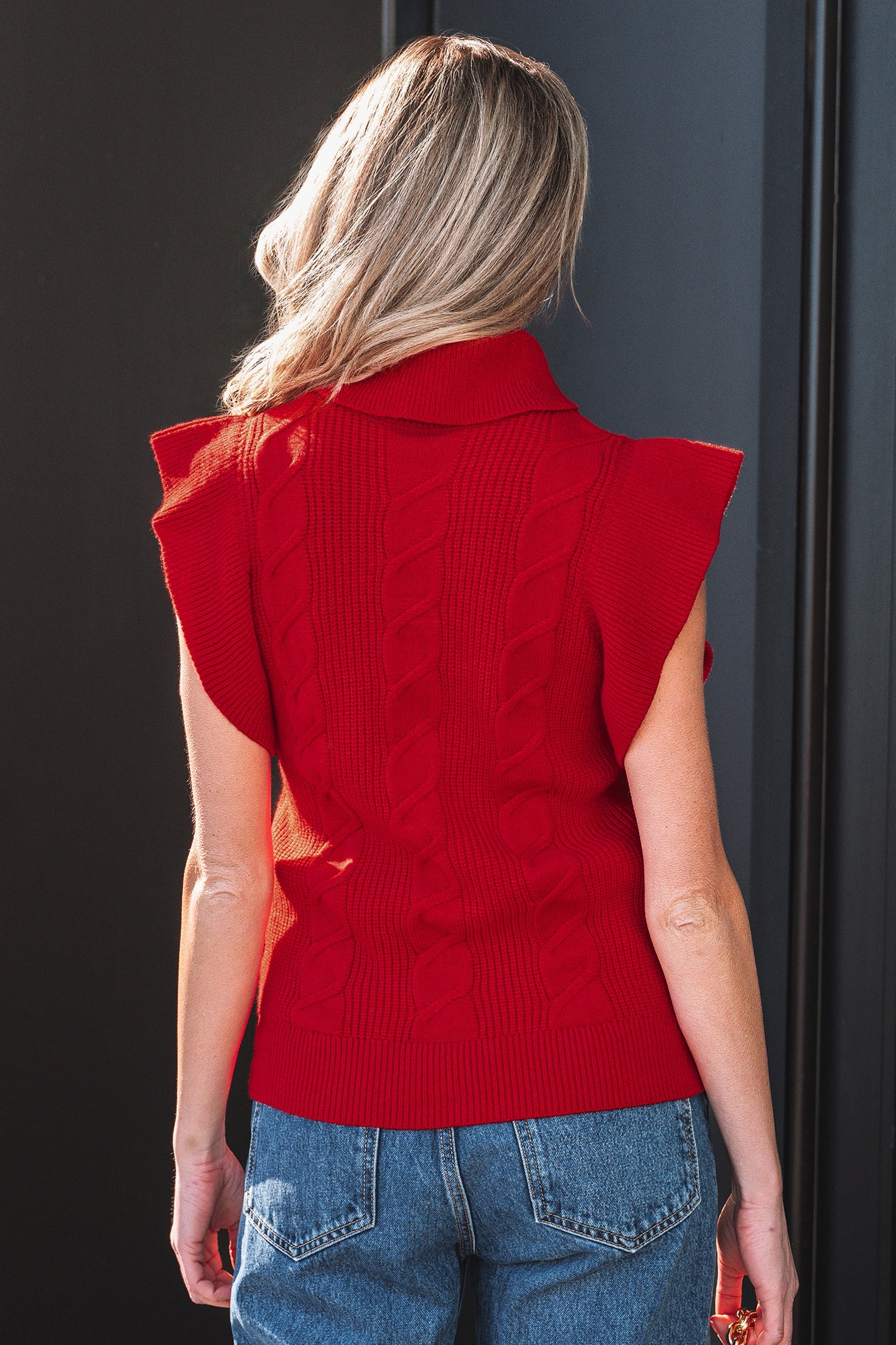 Tomato Red Cable Knit Turtleneck Ruffled Short Sleeve Sweater