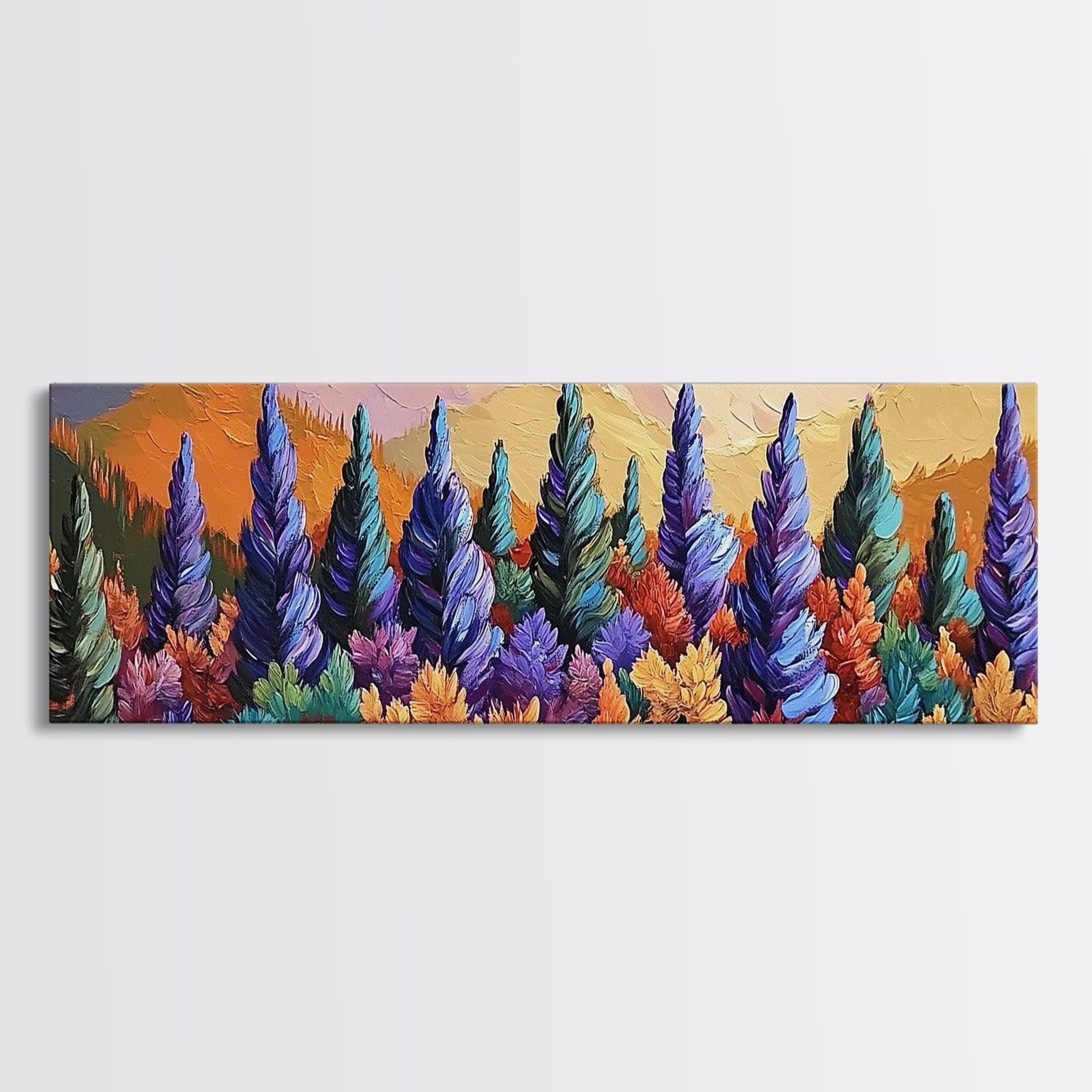 Fall Forest Trees, Colorful Nature Landscape, Mountain Sunset Pines, Framed Canvas Print, Autumn Living Room Art, Cabin Wall Decor