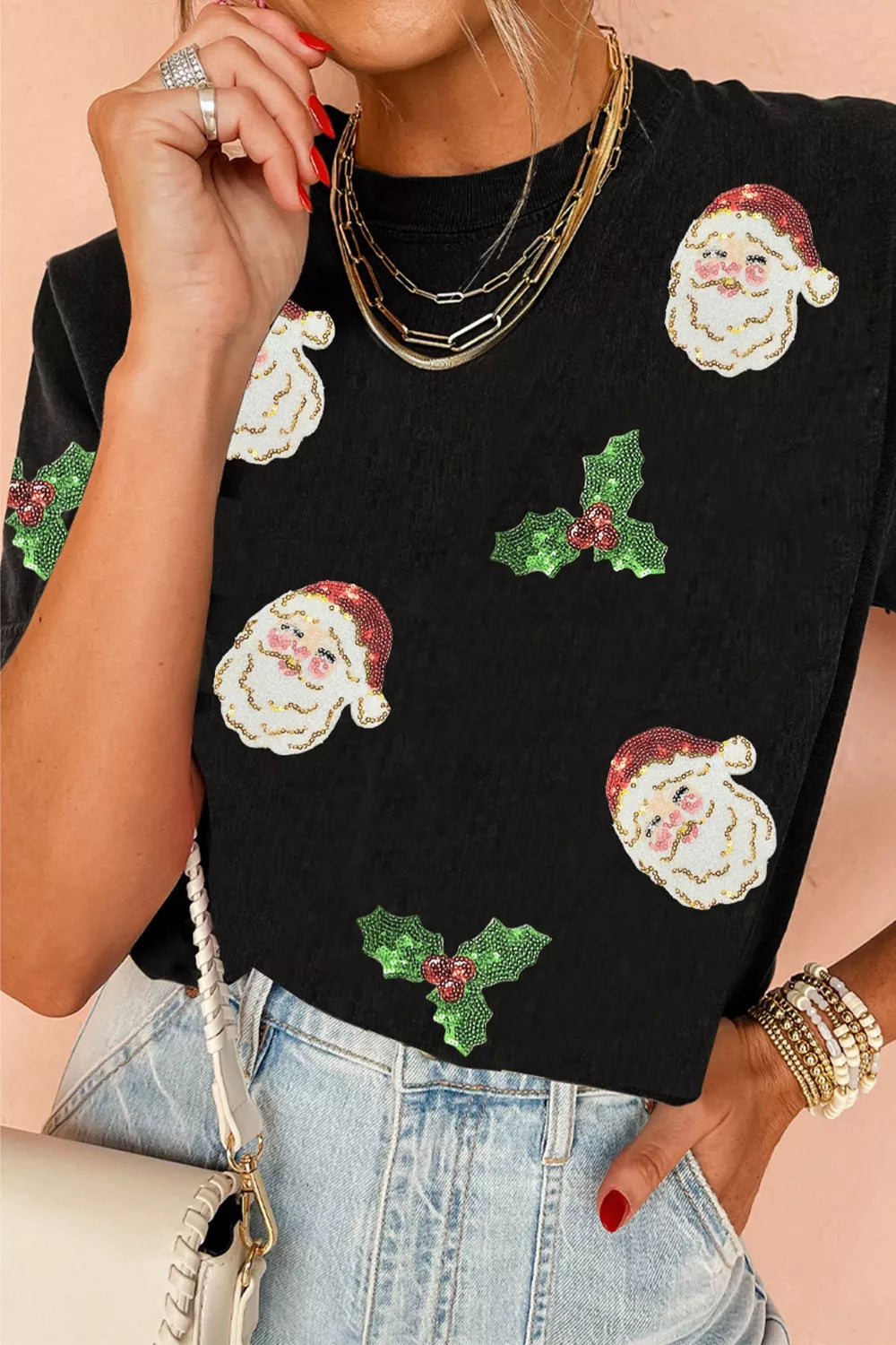 Christmas Holly Santa Claus Sequin Patched Graphic Tee