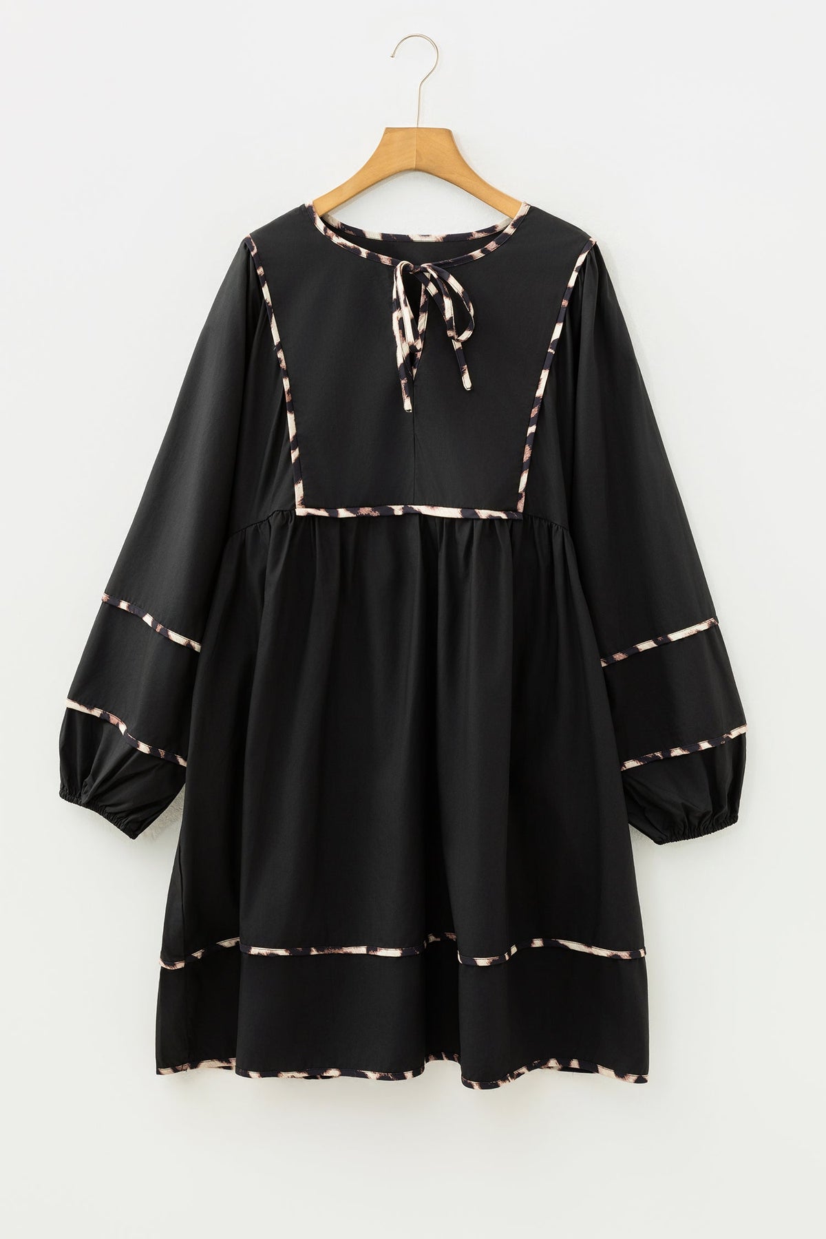 Plus Size Leopard Contrast Trim Tie-Neck Mini Dress