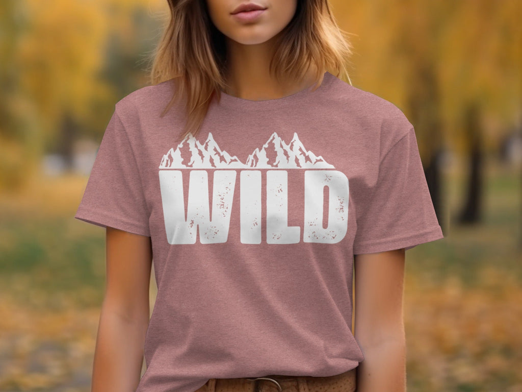 White Wild Text with Mountains Graphic Design T-Shirt