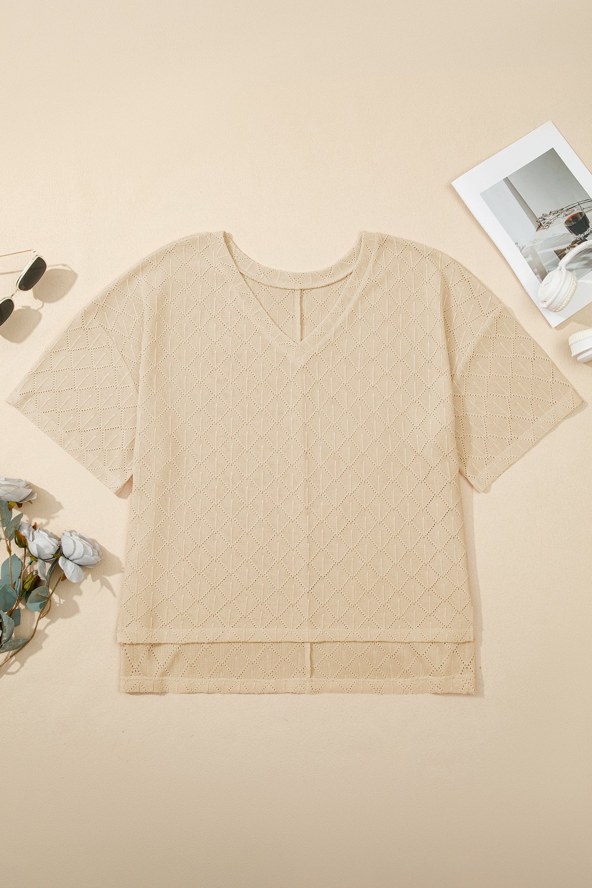 Plus Size Solid Pointelle Knit Rhombus V-Neck Top
