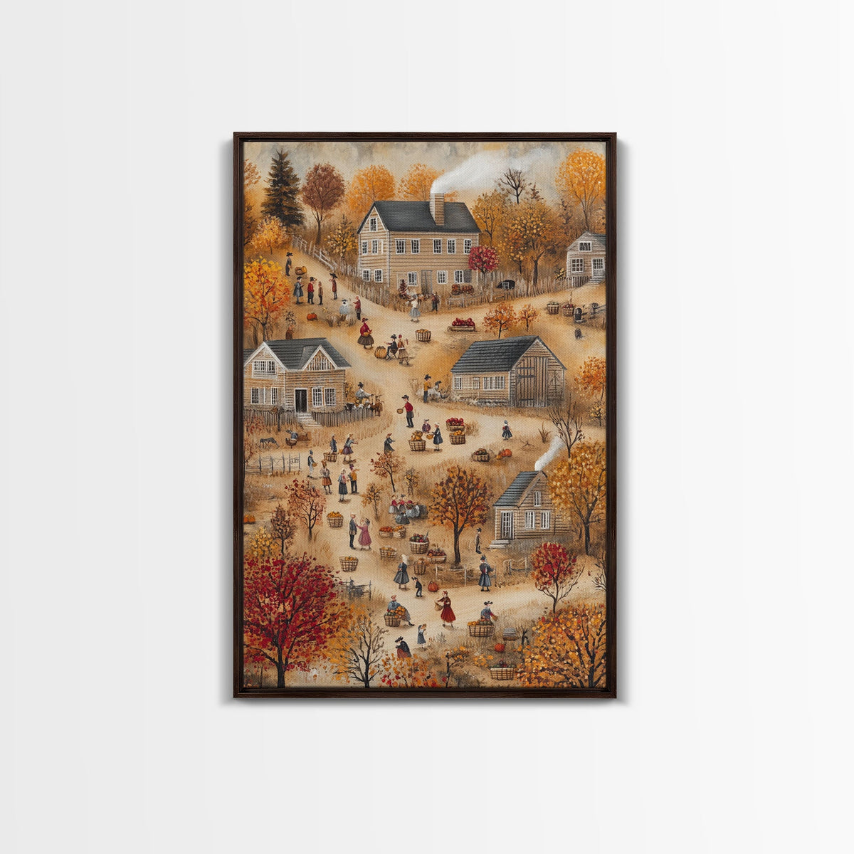 Folk Art Harvest Scene with Autumn Colors and Cozy Farm Activities, Perfect for Framed Canvas Print and Seasonal Wall Decor
