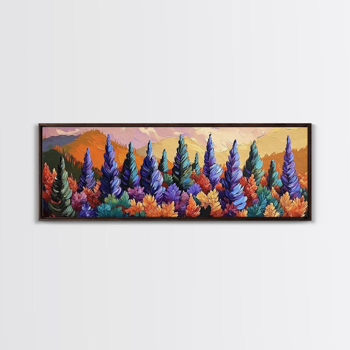 Fall Forest Trees, Colorful Nature Landscape, Mountain Sunset Pines, Framed Canvas Print, Autumn Living Room Art, Cabin Wall Decor