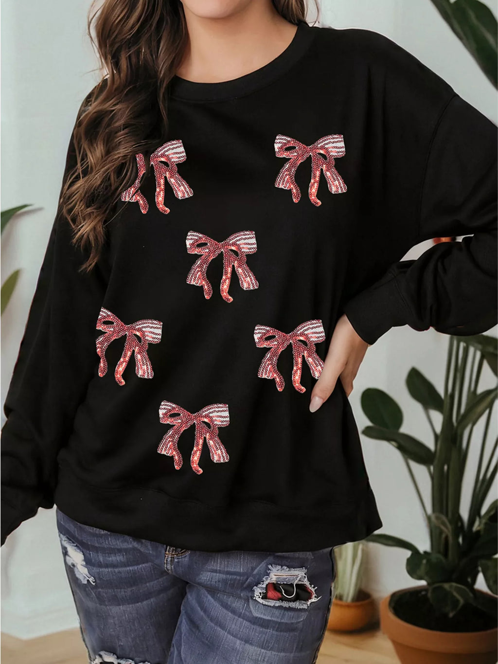 Christmas Sequin Ribbon Bow Drop Shoulder Sweatshirt