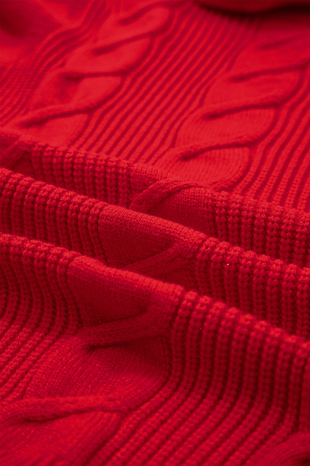 Tomato Red Cable Knit Turtleneck Ruffled Short Sleeve Sweater