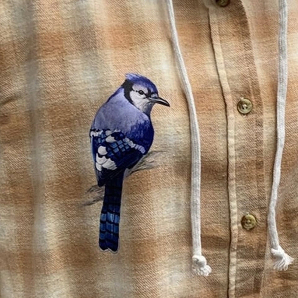 New Hand Printed Womens 3XL Blue Jay Bird Plaid Flannel Long Sleeve Hoodie