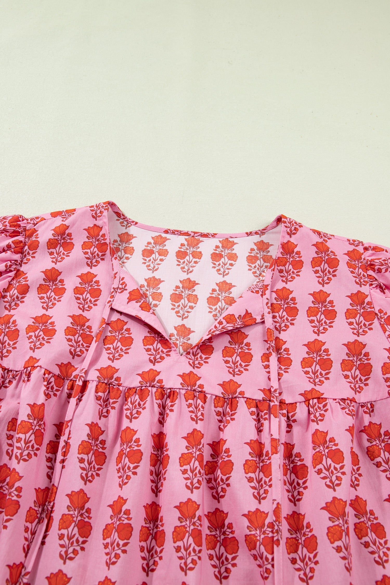 Plus Size Floral Tassel Tie Puff Sleeve Blouse