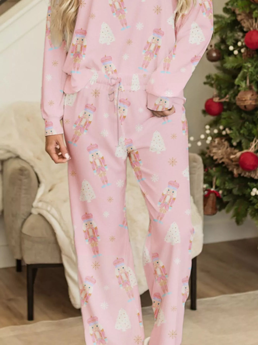 Christmas Tree Nutcracker Print Top and Pants 2pcs Lounge Set
