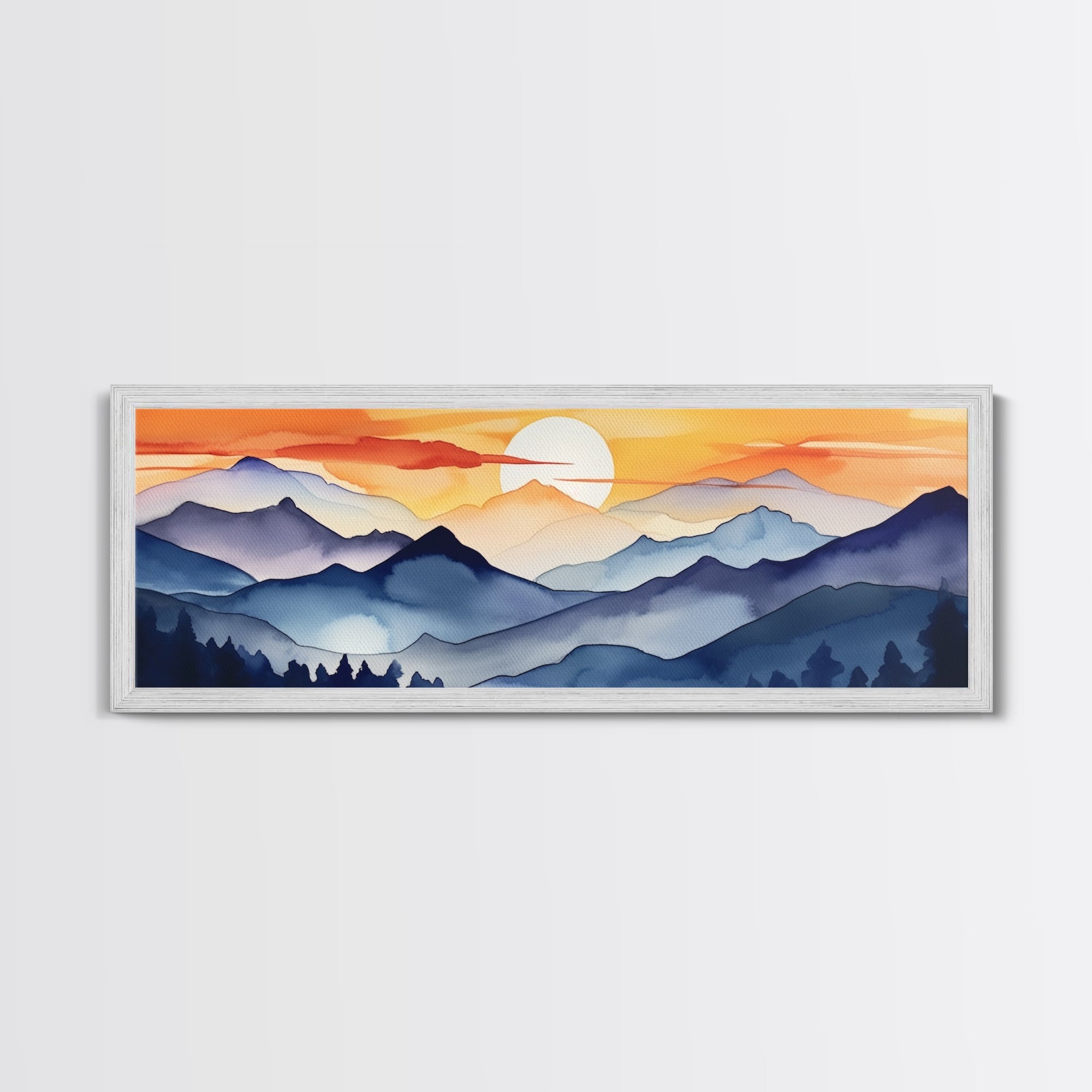 Midcentury Modern Watercolor Painting of a Mountain Sunset, Large Canvas Print, Mountain Artwork, Guest Room Art, Mountain Print, Panoramic