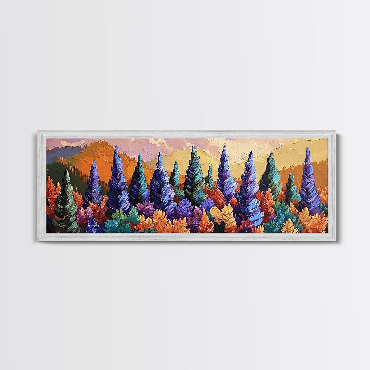 Fall Forest Trees, Colorful Nature Landscape, Mountain Sunset Pines, Framed Canvas Print, Autumn Living Room Art, Cabin Wall Decor