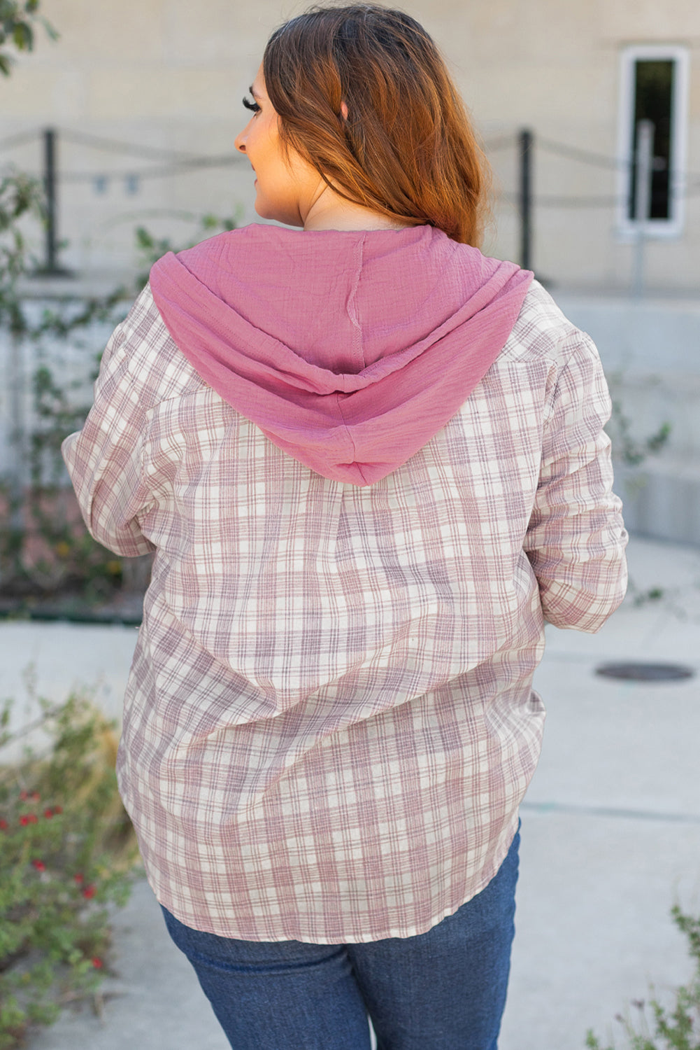 Plus Size Plaid Button-Up Chest Pocket Hooded Shirt