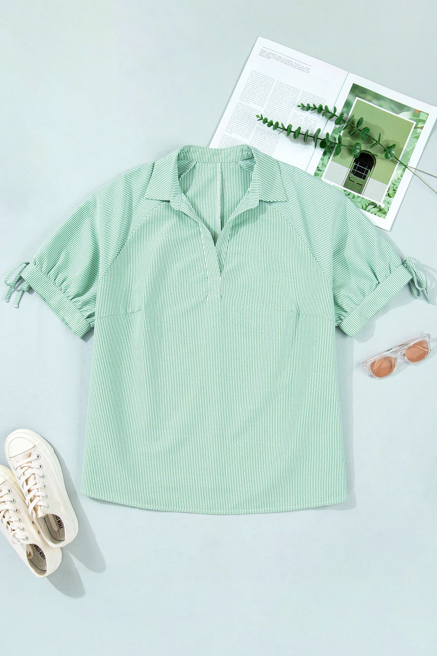 Plus Size Stripe Collar V-Neck Short Sleeve Blouse