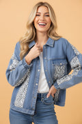 Plus Size Leopard Patchwork Denim Jacket