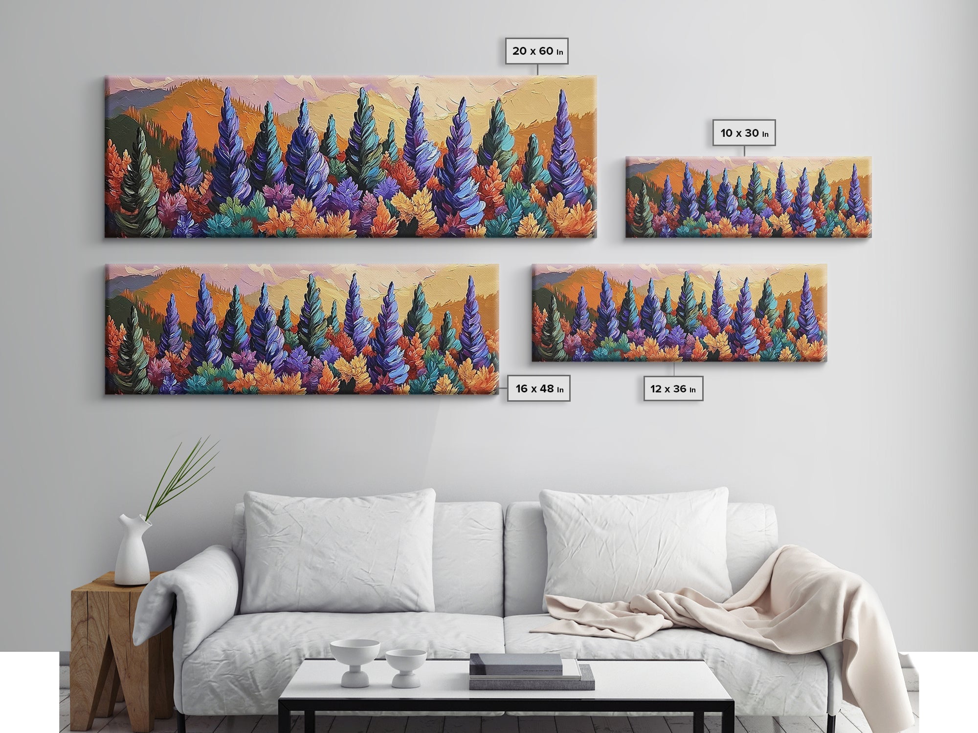Fall Forest Trees, Colorful Nature Landscape, Mountain Sunset Pines, Framed Canvas Print, Autumn Living Room Art, Cabin Wall Decor