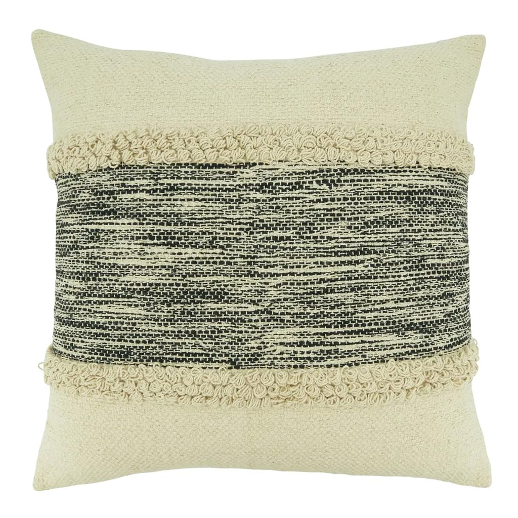 Fennco Styles Stripe Chindi Design Cotton Decorative Throw Pillow 20" W X 20" L – Black & Natural Textured Cushion for Couch, Sofa, Bedroom, Office and Living Room Décor