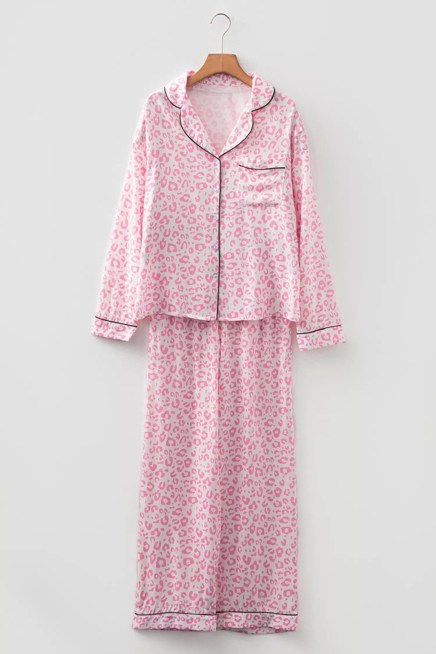 Leopard Print Button Up Top and Pants 2cps Pajama Set
