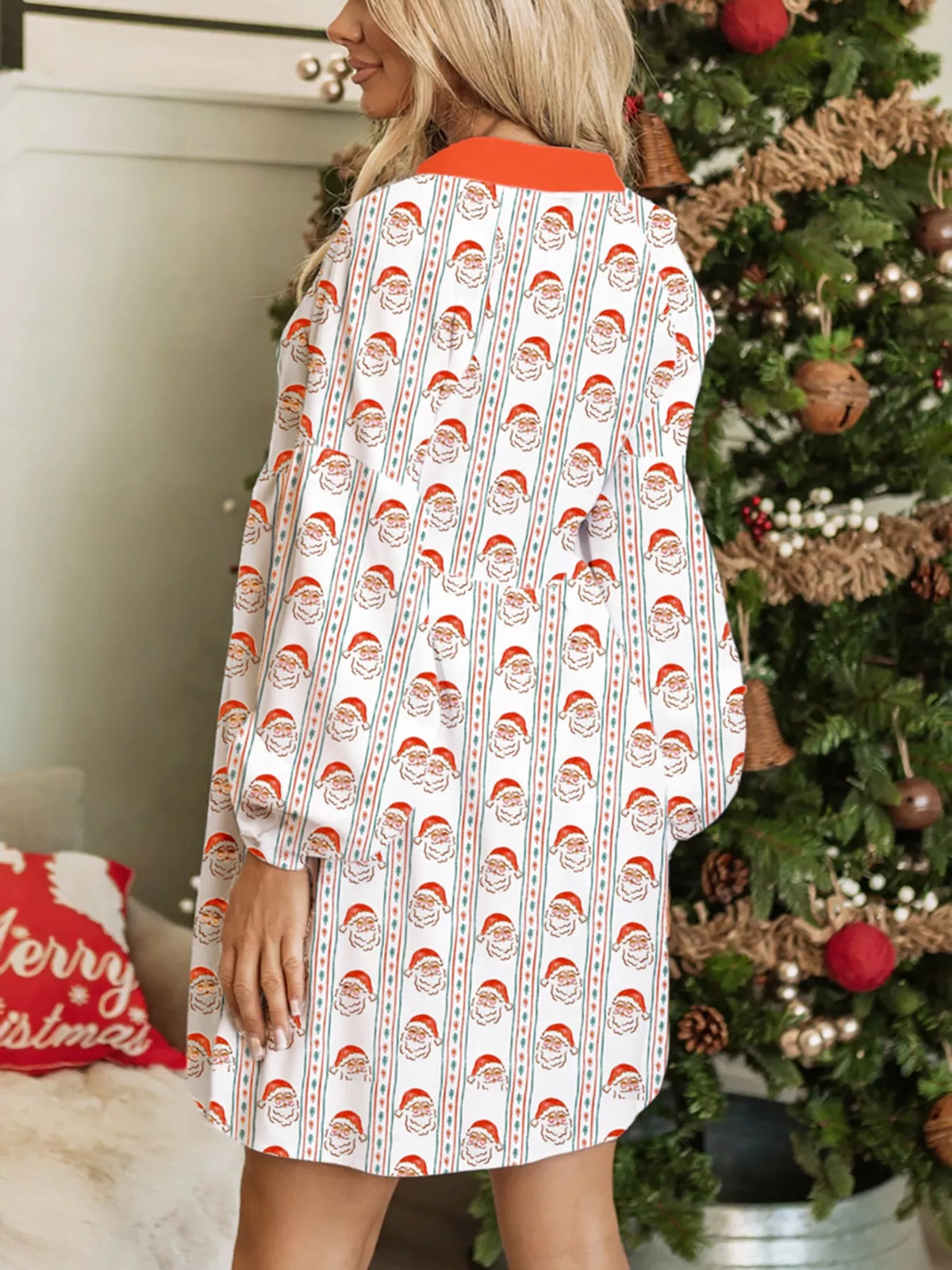 Christmas Santa Print Button Front Mini Dress
