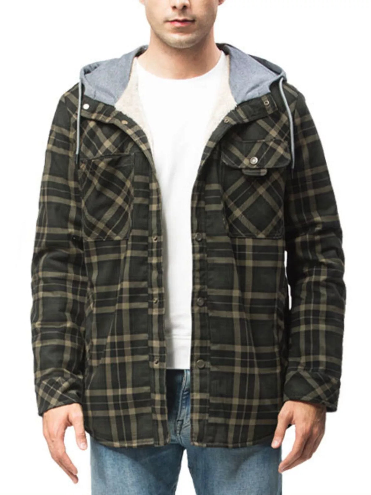 Men's Snap Down Plaid Flannel Hooded Jacket