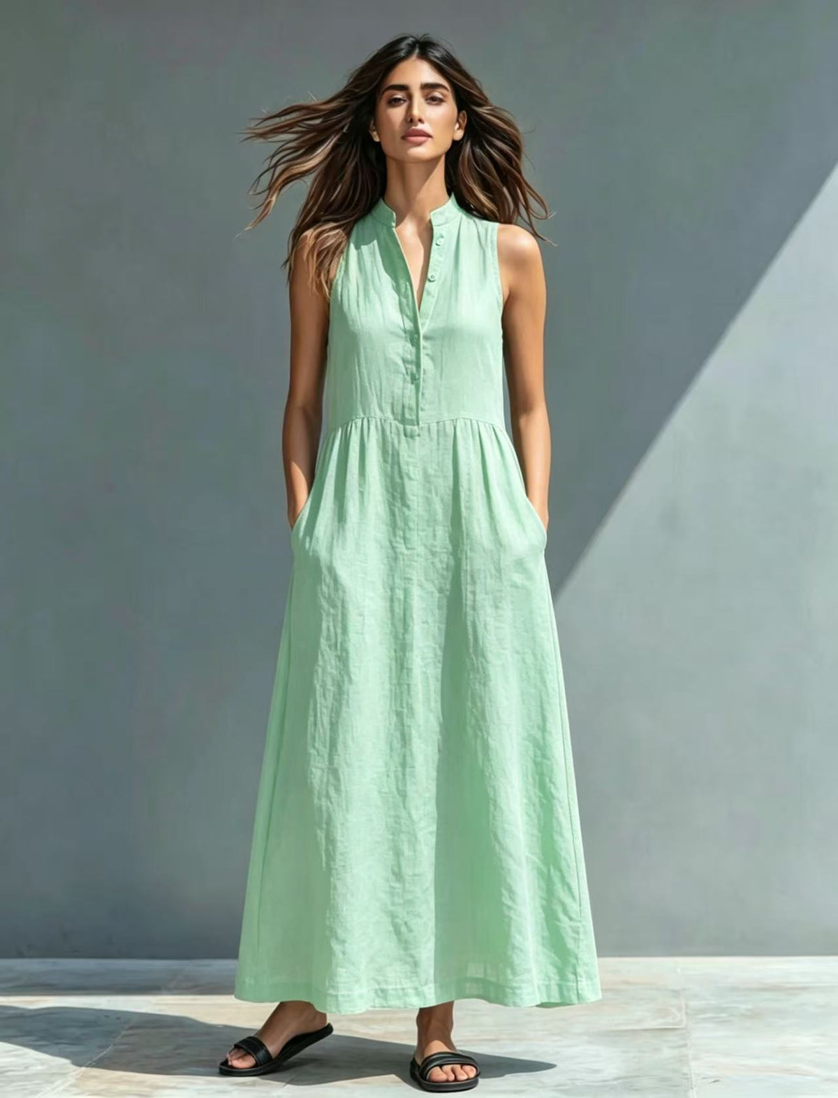 Women's Stand-Collar A-Line Maxi Dress – Resort & Vacation Style