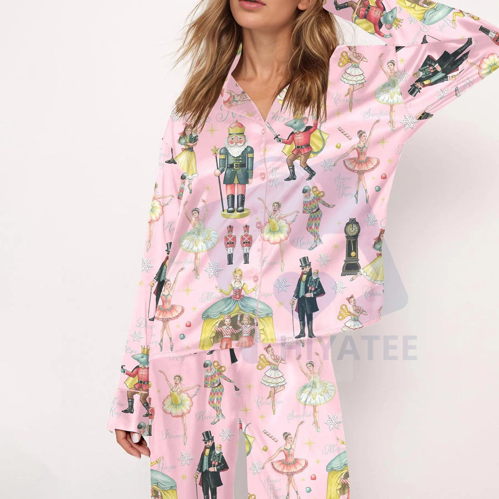 Nutcracker Ballet Christmas Satin Pajama Set For Women Print Comfy Satin Sleepwear & Loungewear Pjs Printing Silky Top & Bottoms