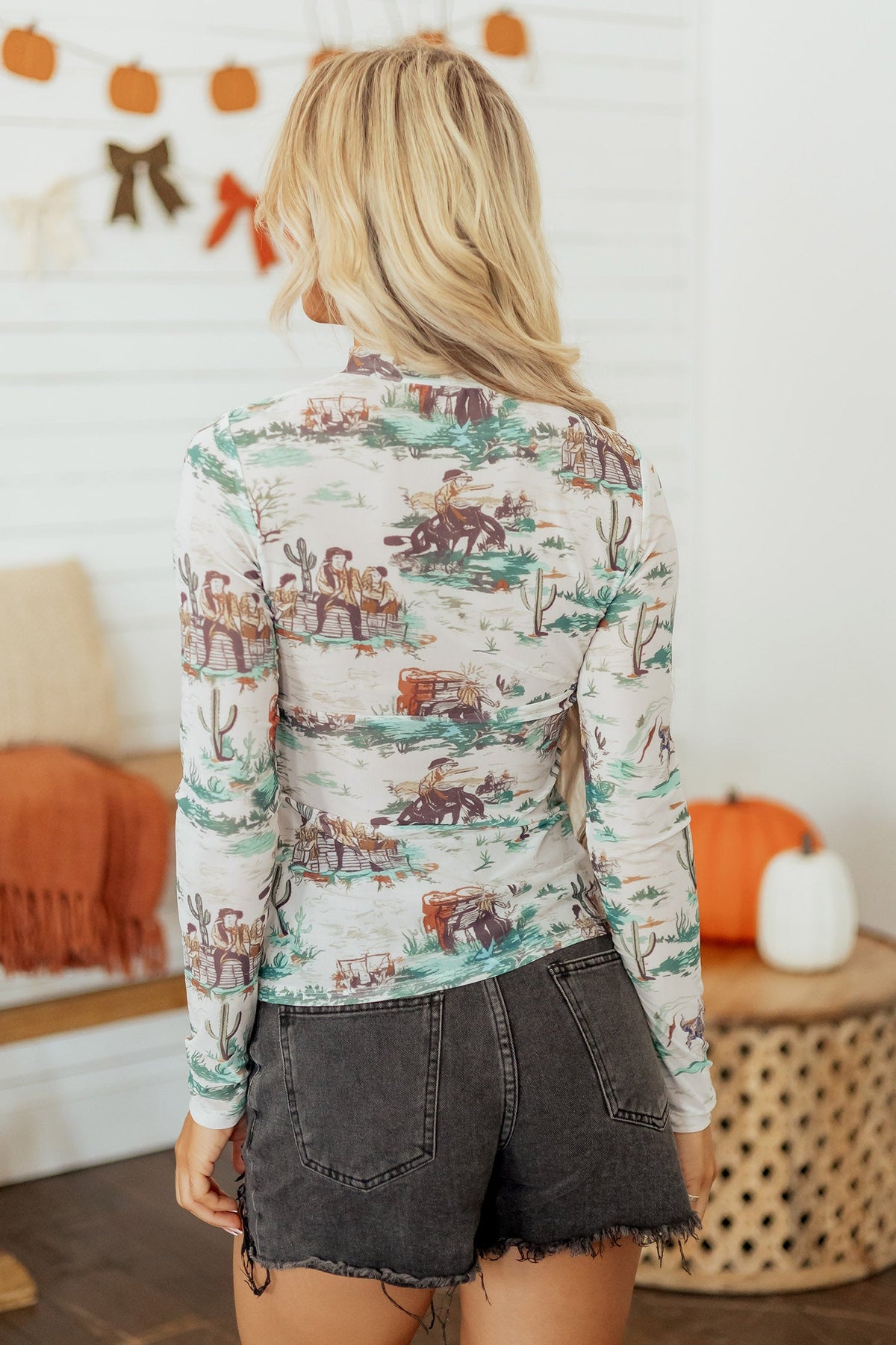 Western Long Sleeve Round Neck Slim Top