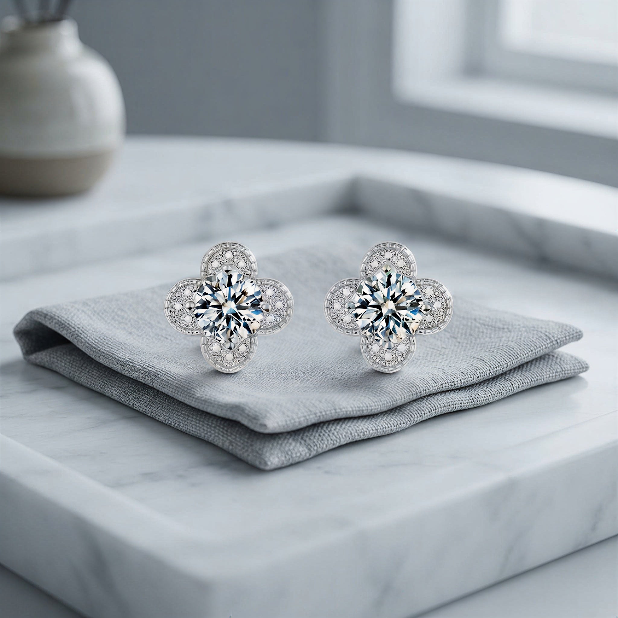 S925 Moissanite Clover Stud Earrings, Sterling Silver Minimalist Earrings Jewelry